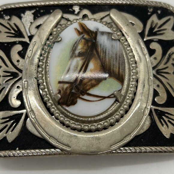Vintage Western Style Belt Buckle Porcelain Horse Head Silver-tone - Picture 4 of 16